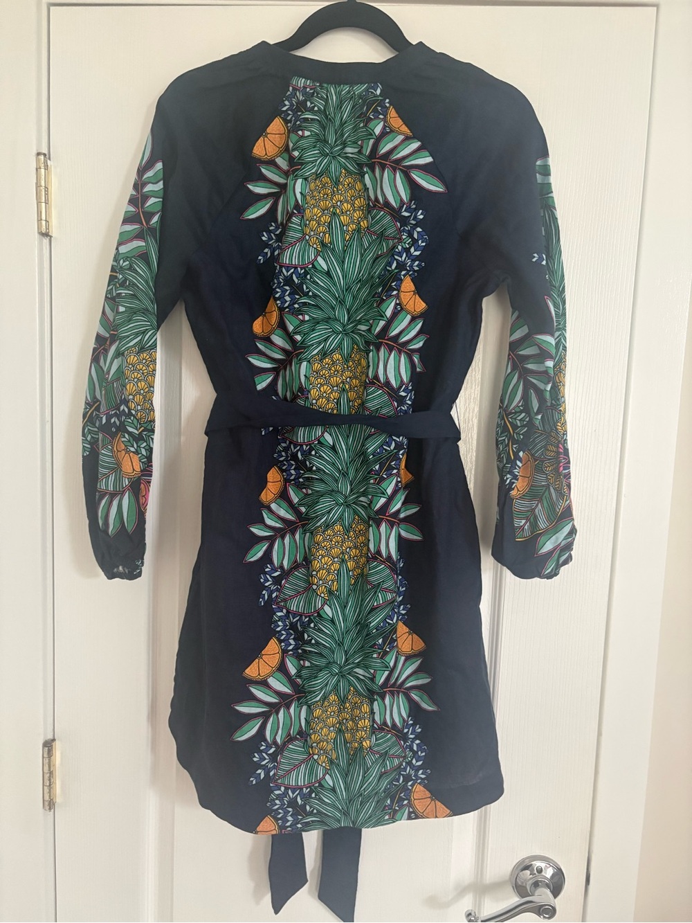Boden linen dress tunic NWT US 6 notch neck linen mini navy pineapple bloom - Picture 3 of 16